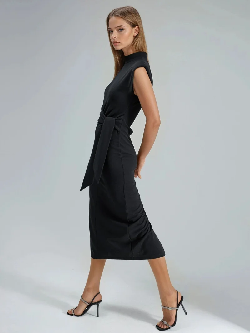 بوسيم BUSEM Tie Detailed Stand Collar Midi Dress